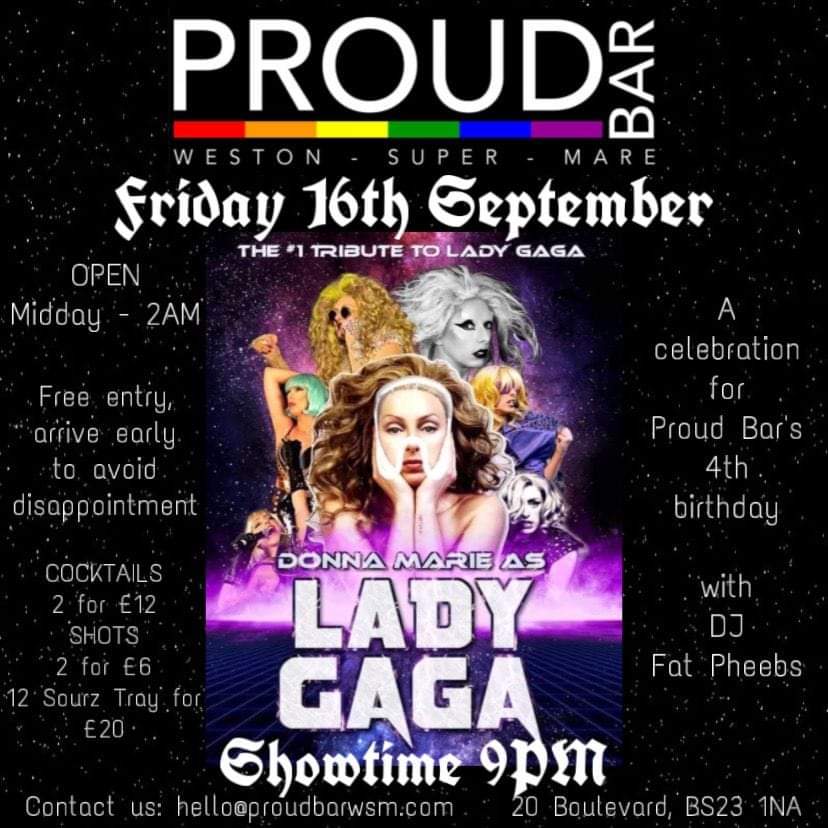 Poster for Lady Gaga tribute act at Proud bar in Weston-super-Mare on Friday 16th September with Free entry