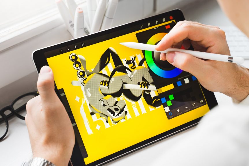 Games and Animation student drawing on Ipad with Apple Pencil