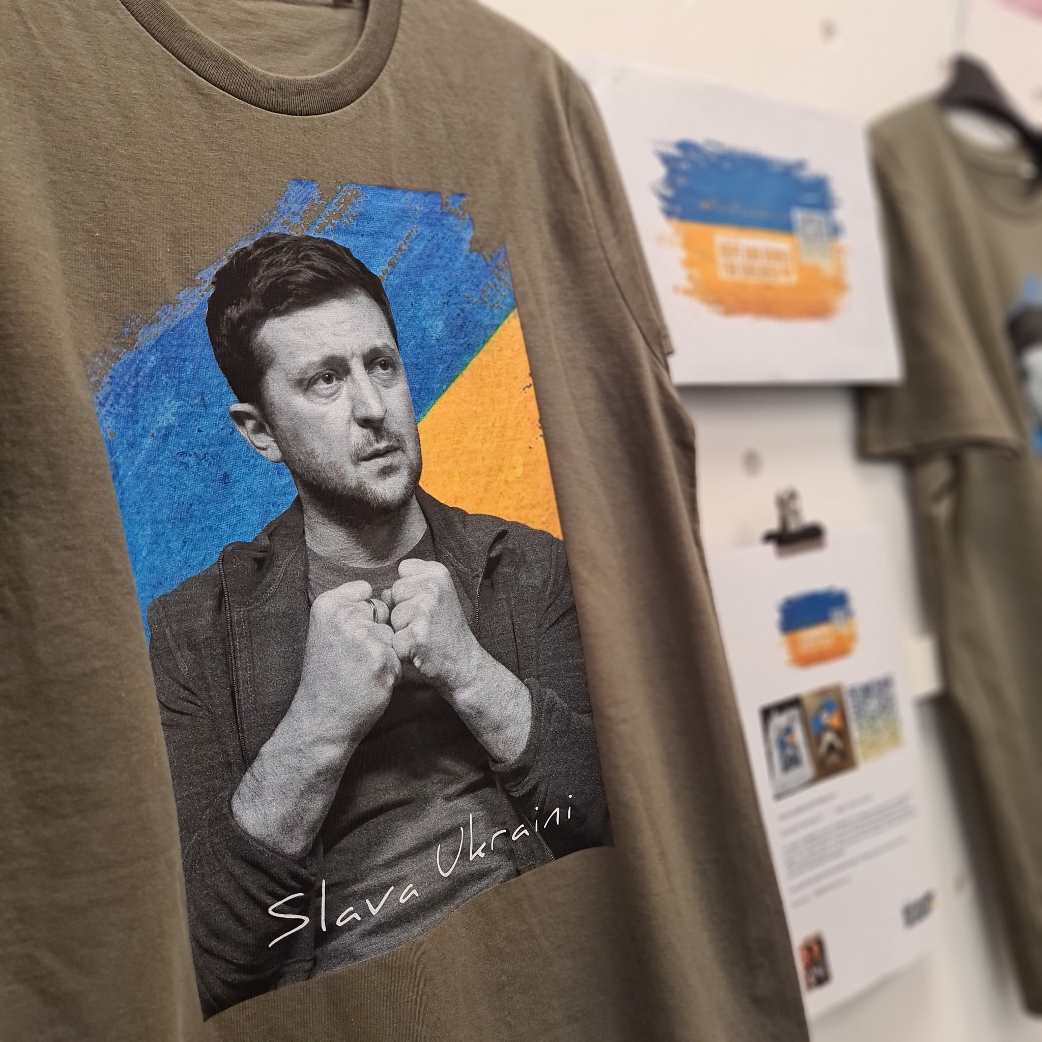 Ukraine's President on a T-shirt saying Slava Ukraini