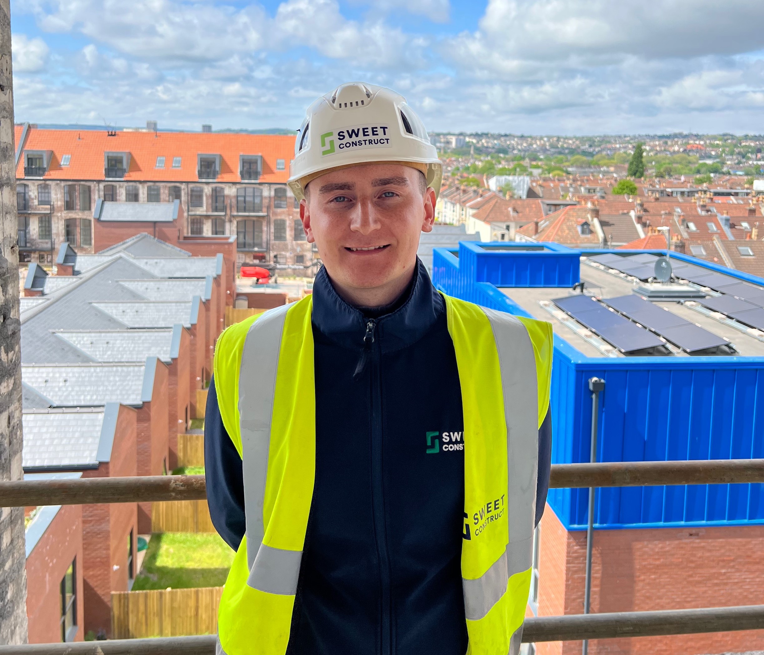 HNC Construction degree student Jacob wearing PPE on construction site studying higher education course at university centre weston in north somerset