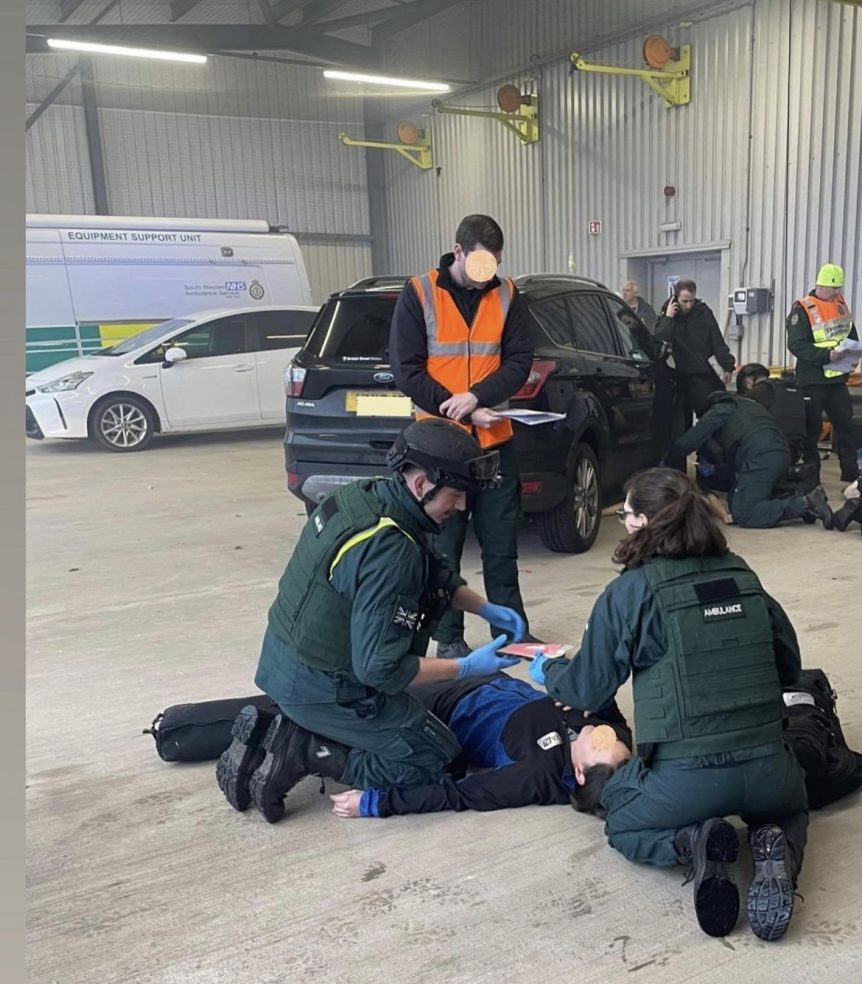 Paramedics in training during an emergency incident simulation that University Centre Weston Hair, Make-up & Prosthetics students created make-up and prosthetics for,