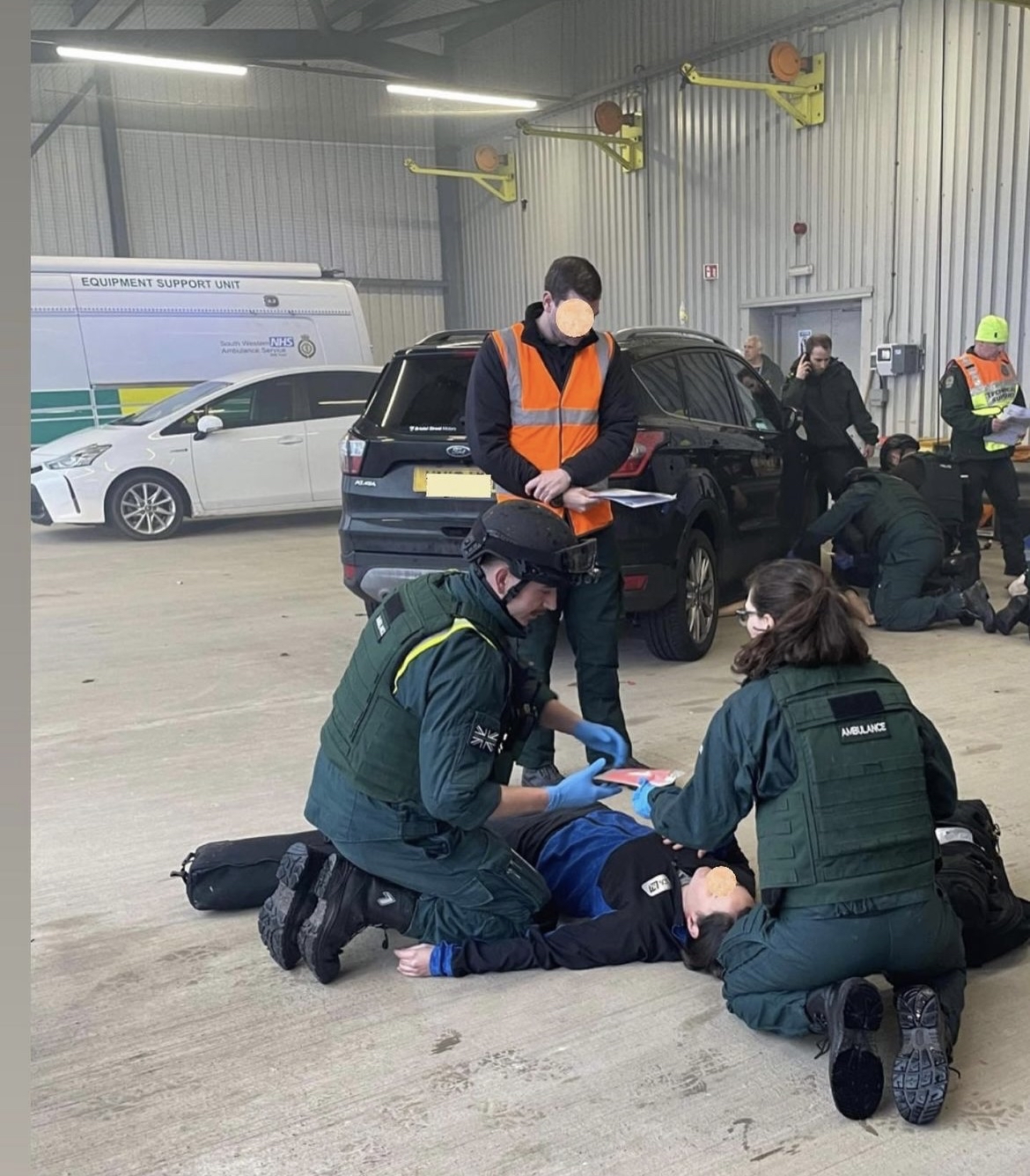 Paramedics in training during an emergency incident simulation that University Centre Weston Hair, Make-up & Prosthetics students created make-up and prosthetics for,