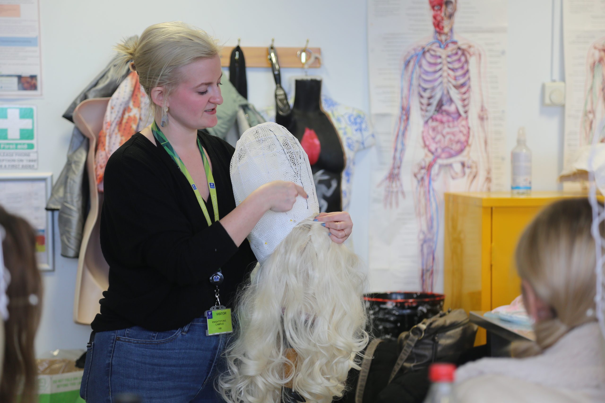 Annie Hardt delivering caged wig masterclass at University Centre Weston for Hair Make-up and Prosthetics for Production students