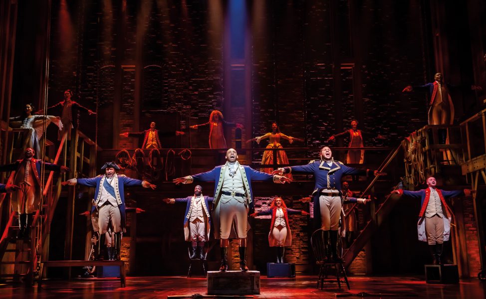 Shaq Taylor on stage as Hamilton from the musical in Bristol Hippodrome