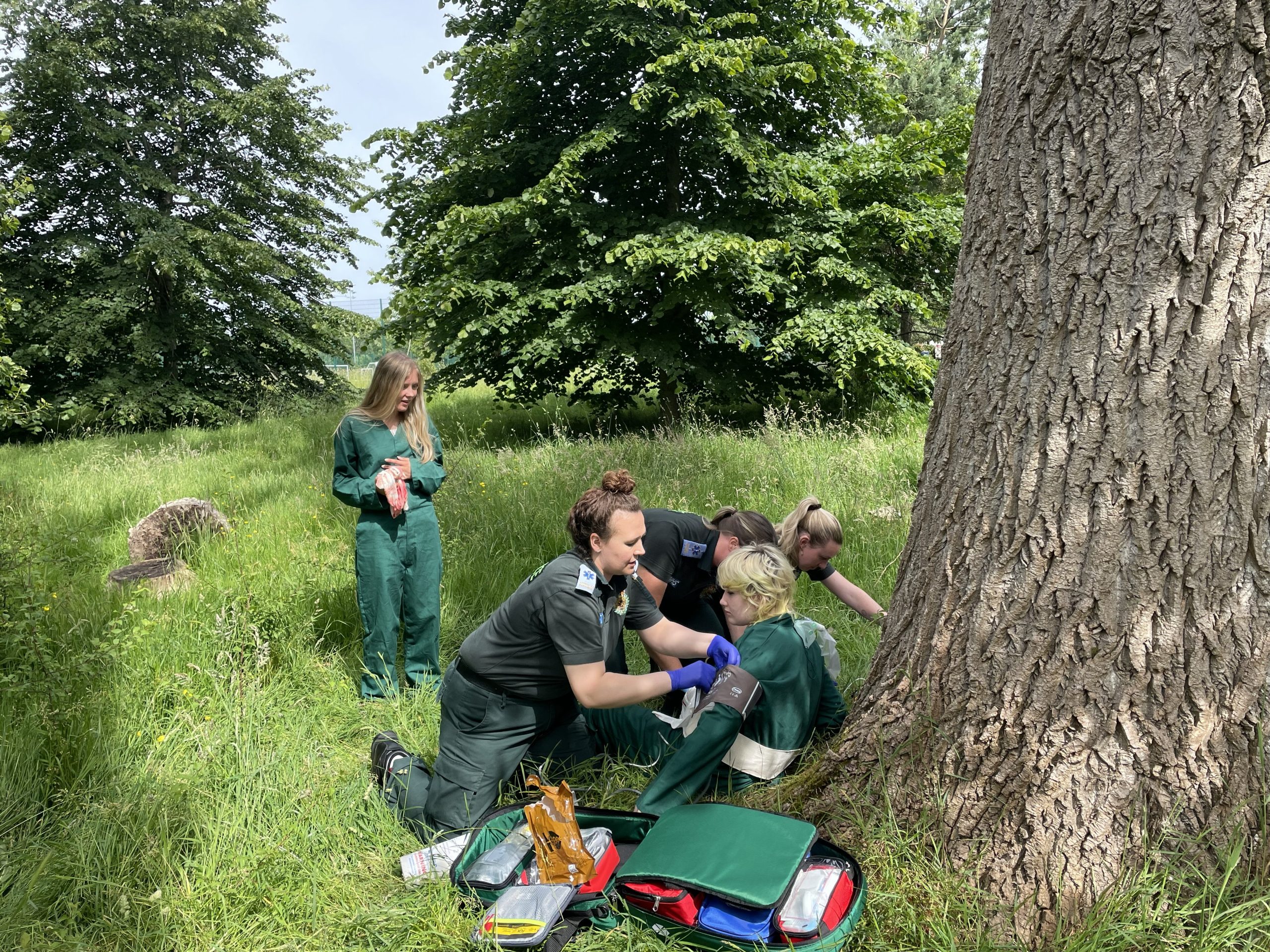 Paramedics attending a simulated emergency
